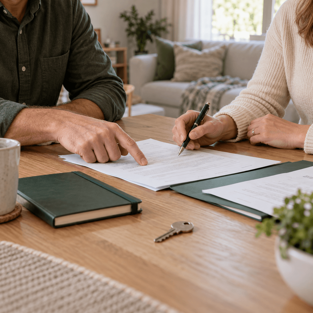 Two people reviewing home-sale paperwork together at a table.