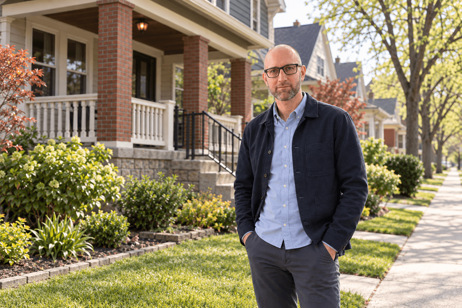 Noah standing beside a house on a residential street