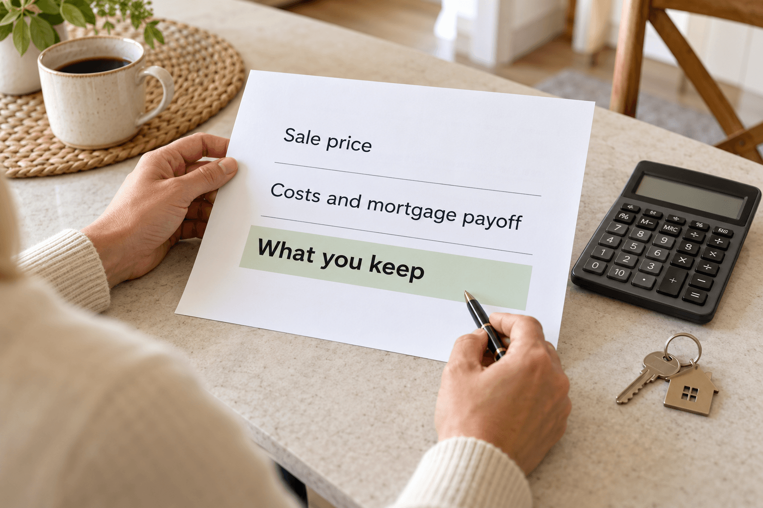 Seller reviewing a home-sale proceeds calculation beside a calculator and house keys