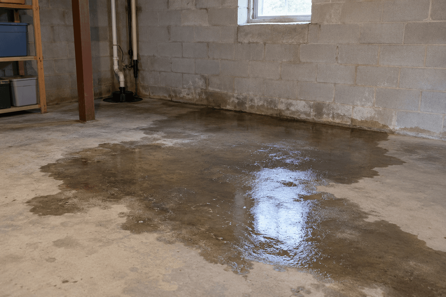 Large wet patch on the concrete floor of an unfinished basement