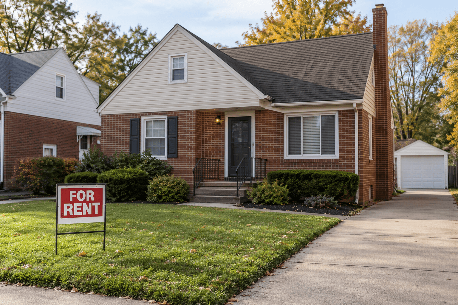 Brick single-family house with a For Rent sign in the front yard