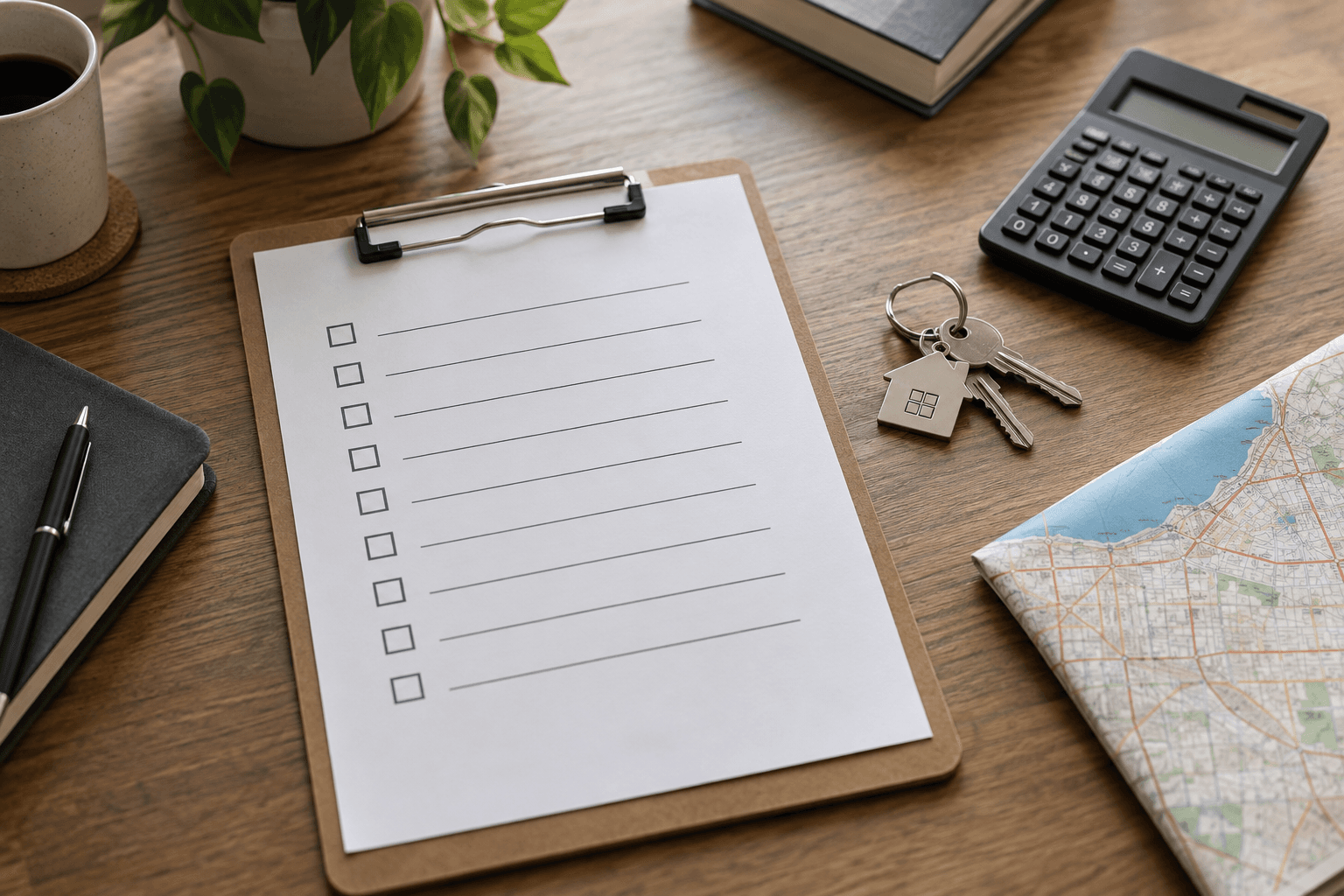 Rental-property evaluation desk with an inspection checklist, keys, calculator, and map